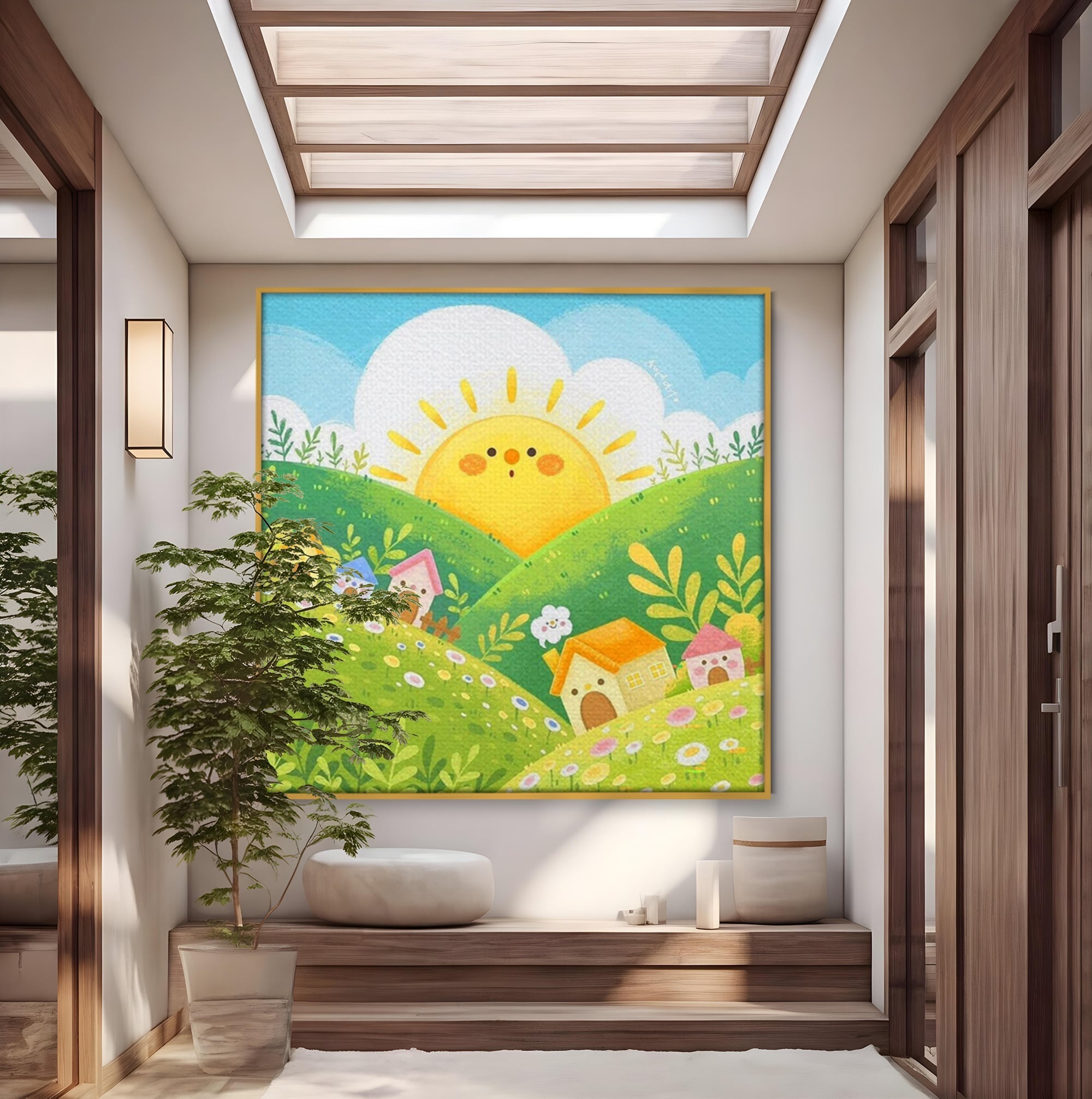 Tablou canvas cu ilustratie cu soare zambitor si casute, in rama de aluminiu auriu